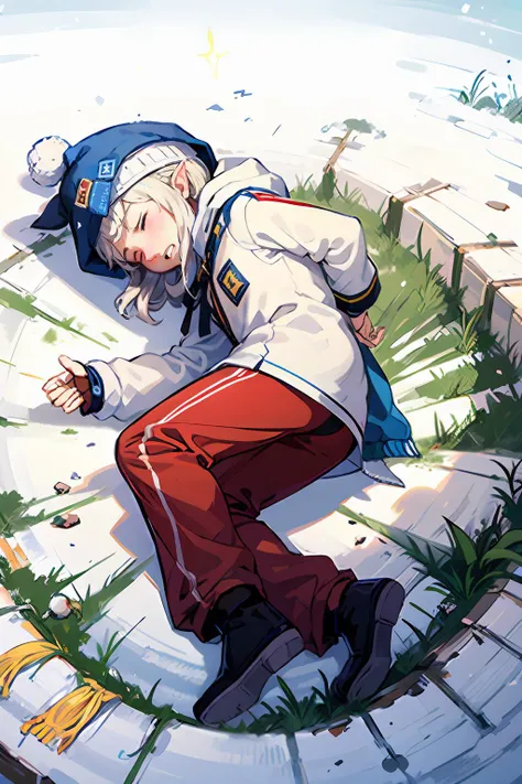 (1boy:1.1), (male:1.1), male focus, short person, lawn gnome, dwarf, (frown:1.2), teeth, pointy ears, blue hat, blue coat, belt, pants, <lora:concept_yamchapose:0.7> yamchapose, lying, on side, closed eyes, <lora:snwangl2023:0.7> snwangl2023, making snow angels, from above, best quality, masterpiece,