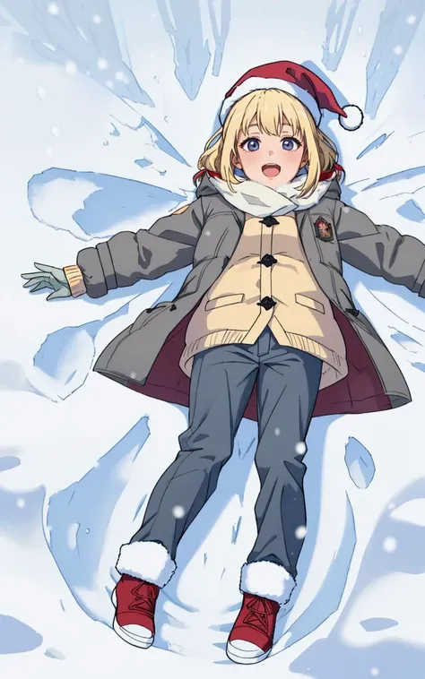 snwangl2023, blonde girl wearing winter coat, grey pants, santa hat, 8k, uhd, best quality, trending on arstation, masterpiece, full body, making snow angels, from above, perspective, cute