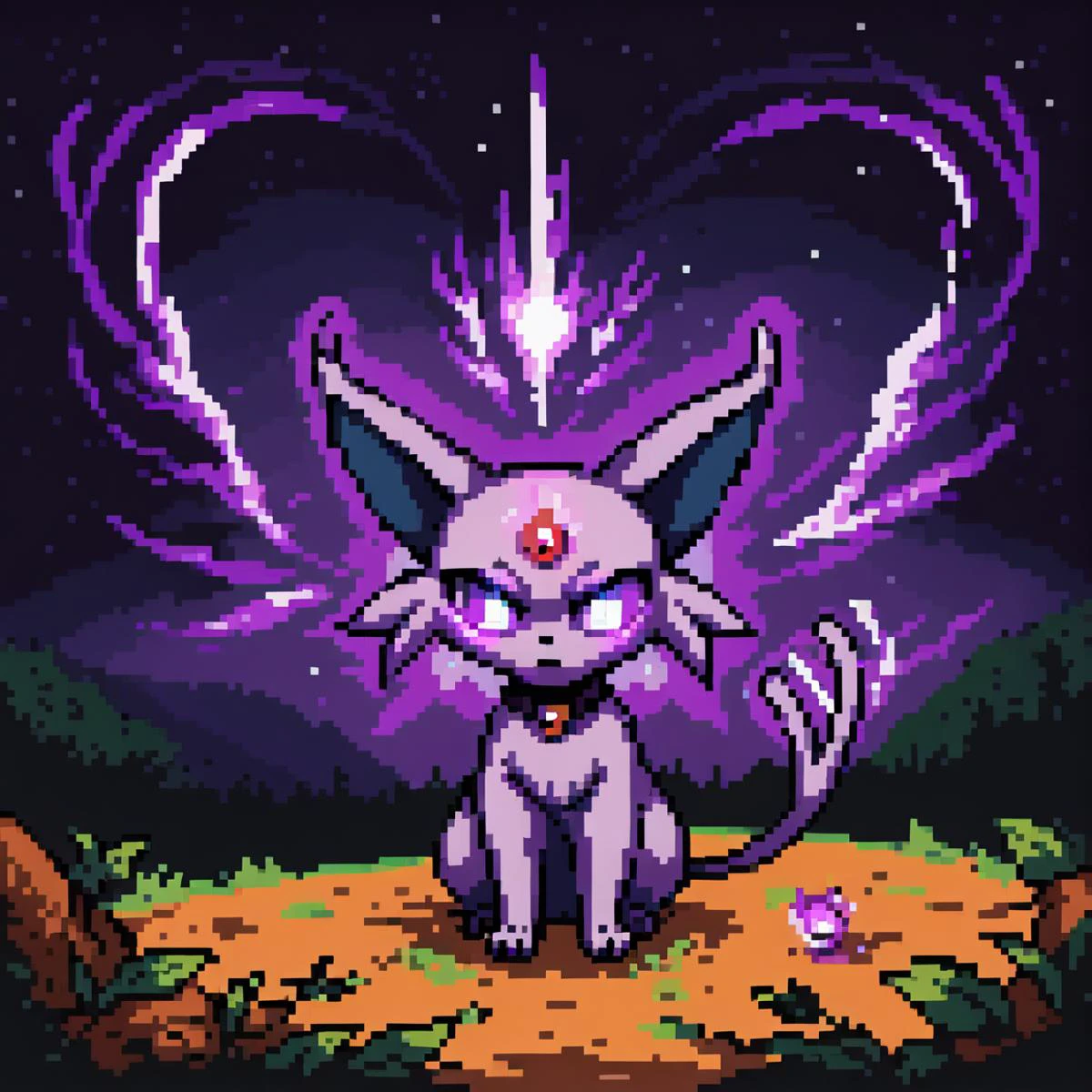 score_9, score_8_up, score_7_up, <lora:Pixel_Art_Pony:1>, source_furry, rating_safe, Espeon from pokemon, solo, psychic burst, battle stance, sitting, psychic aura, spiritual, outside, in woods, blowing leafs, blowing effect, (purple spirits, purple chaos, purple void, purple spiritual, purple glowing body, purple glowing eyes:1.2)