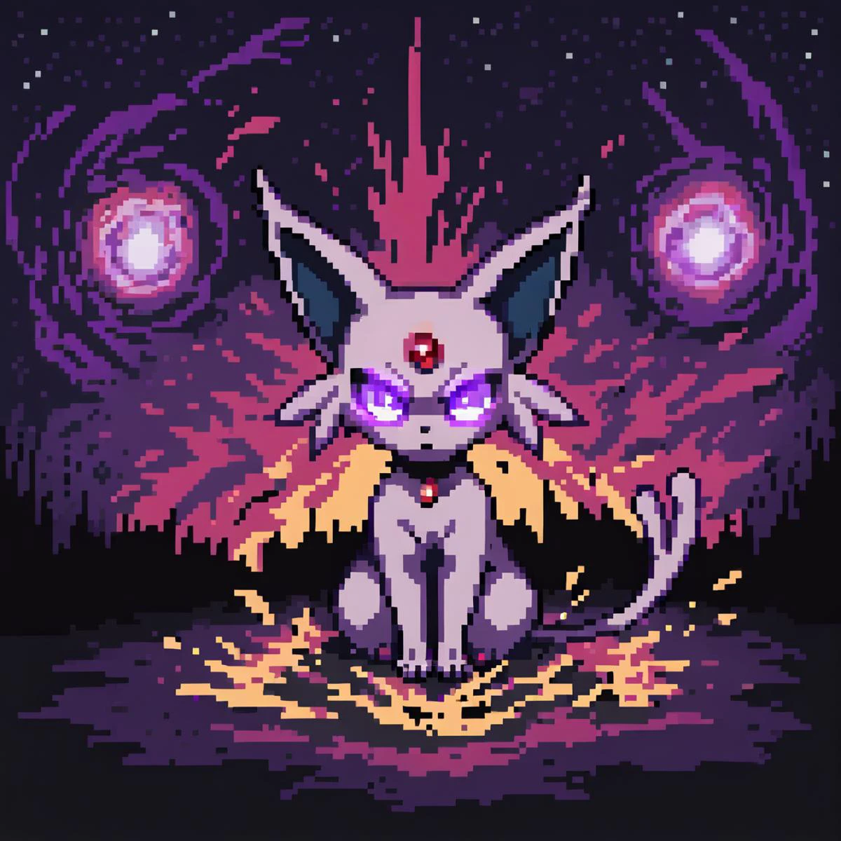 score_9, score_8_up, score_7_up, <lora:Pixel_Art_Pony:1>, source_furry, rating_safe, Espeon from pokemon, solo, psychic burst, sitting, psychic aura, spiritual, outside, in woods, (battle stance, purple spirits, purple chaos, purple void, purple spiritual, purple glowing body, purple glowing eyes, exploding planets background, night:1.2)