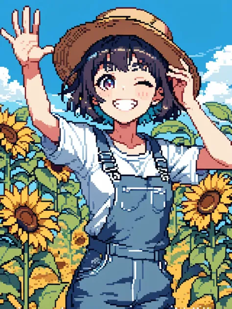 1girl,  <lora:lora:1>  ,t-shirt, looking at viewer,outdoors, blue sky, nature,  overalls, straw hat, sunflower field, grin, short hair, arm up, open hand, upper body,