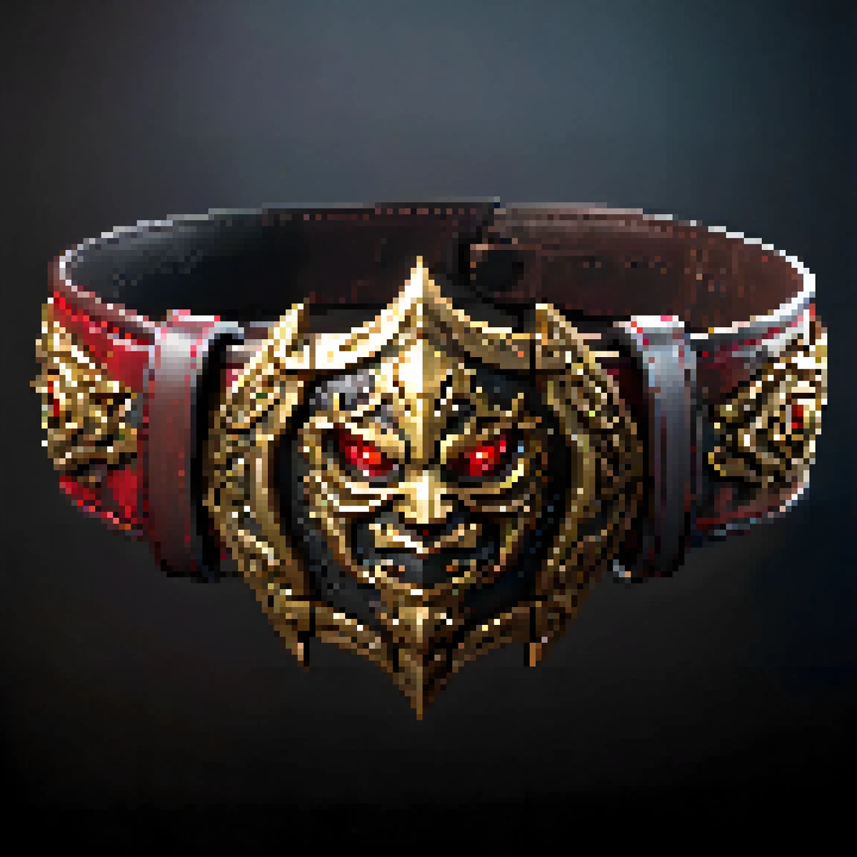 a stout leather belt adorned with a brass buckle, which is intricately crafted to resemble three snarling demonic faces. The eyes of the faces glint malevolently in the light, and the entire buckle exudes an aura of malevolent energy. 4k,realistic,phograph,black background,simple background,game icon,<lora:game_icon_diablo_style:0.85> <lora:Pixel_Art_XL:1>