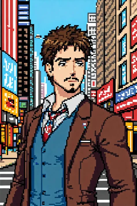 1boy,  robert downey jr as tony stark, upperbody, street of new york  <lora:Pixel_Art_XL:0.8>