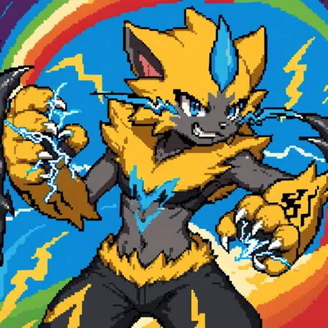 score_9, score_8_up, score_7_up, <lora:Pixel_Art_Pony:1>, source_furry, rating_safe, Zeraora from pokemon, sharp claws, (lightning from hands, lightning effects from hand, electric lightning from hands, thunder from hands, sparkles from claws, claw attack, claw attack effect, lightning bursts from hands:1.3), smirk, in combat, battle stance, (rainbow background:1.2)