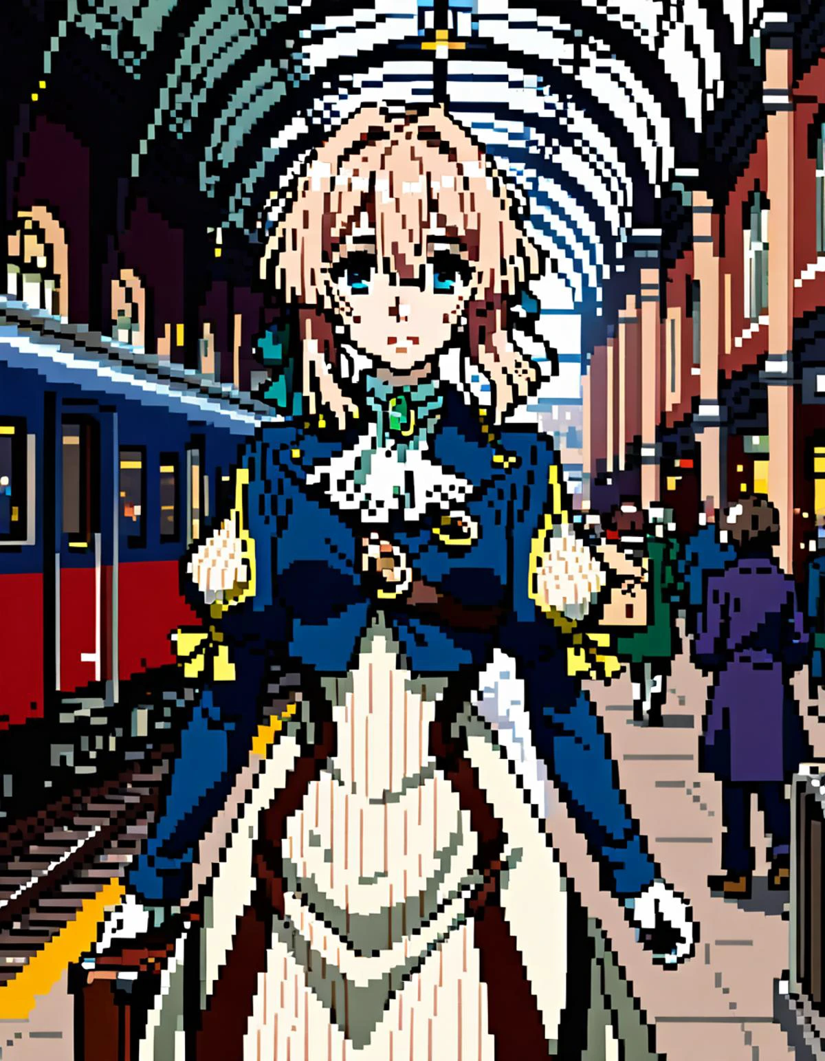 1girl, violet evergarden, violet evergarden \(series\), <lora:AziibPixelArtXL_Anime:0.8>, masterpiece, best quality, very aesthetic, absurdres, official art,
King's Cross station, train, London, looking at viewer,
medium breasts, holding trunk case, dress,