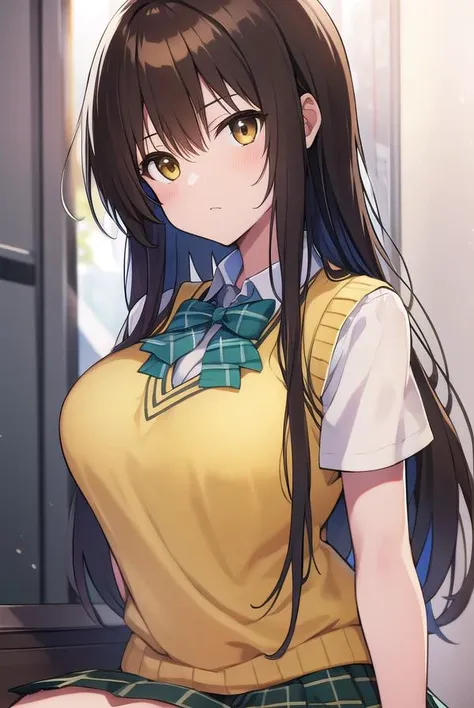 kotegawayui, <lyco:yuikotegawa-LYCORIStest:1>,
yui kotegawa, black hair, (brown eyes:1.5), long hair,
BREAK green skirt, plaid, plaid skirt, sainan high school uniform, school uniform, skirt, sweater vest, (yellow sweater:1.3), short sleeves,
BREAK looking at viewer,
BREAK indoors, classroom,
BREAK <lora:GoodHands-vanilla:1>, (masterpiece:1.2), best quality, high resolution, unity 8k wallpaper, (illustration:0.8), (beautiful detailed eyes:1.6), extremely detailed face, perfect lighting, extremely detailed CG, (perfect hands, perfect anatomy),