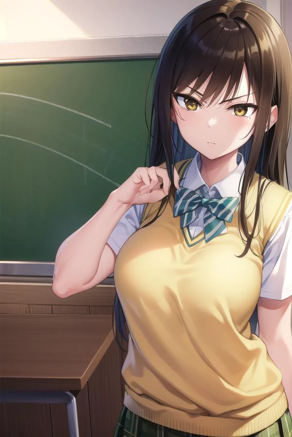 kotegawayui, <lyco:yuikotegawa-lyco-nochekaiser:1>,
yui kotegawa, black hair, (brown eyes:1.5), long hair, <lora:gekioko_v200:1>, angry,
BREAK green skirt, plaid, plaid skirt, sainan high school uniform, school uniform, skirt, sweater vest, (yellow sweater:1.3), short sleeves,
BREAK looking at viewer, (cowboy shot:1.5),
BREAK indoors, classroom,
BREAK <lyco:GoodHands-beta2:1>, (masterpiece:1.2), best quality, high resolution, unity 8k wallpaper, (illustration:0.8), (beautiful detailed eyes:1.6), extremely detailed face, perfect lighting, extremely detailed CG, (perfect hands, perfect anatomy),