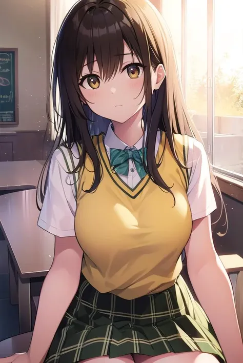 kotegawayui, <lyco:yuikotegawa-LYCORIStest:1>,
yui kotegawa, black hair, (brown eyes:1.5), long hair,
BREAK green skirt, plaid, plaid skirt, sainan high school uniform, school uniform, skirt, sweater vest, (yellow sweater:1.3), short sleeves,
BREAK looking at viewer,
BREAK indoors, classroom,
BREAK <lora:GoodHands-vanilla:1>, (masterpiece:1.2), best quality, high resolution, unity 8k wallpaper, (illustration:0.8), (beautiful detailed eyes:1.6), extremely detailed face, perfect lighting, extremely detailed CG, (perfect hands, perfect anatomy),