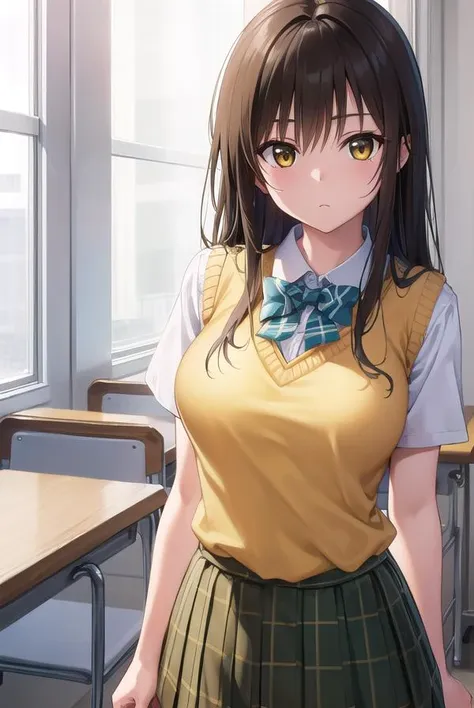 kotegawayui, <lyco:yuikotegawa-lyco-nochekaiser:1>,
yui kotegawa, black hair, (brown eyes:1.5), long hair,
BREAK green skirt, plaid, plaid skirt, sainan high school uniform, school uniform, skirt, sweater vest, (yellow sweater:1.3), short sleeves,
BREAK looking at viewer, (cowboy shot:1.5),
BREAK indoors, classroom,
BREAK <lyco:GoodHands-beta2:1>, (masterpiece:1.2), best quality, high resolution, unity 8k wallpaper, (illustration:0.8), (beautiful detailed eyes:1.6), extremely detailed face, perfect lighting, extremely detailed CG, (perfect hands, perfect anatomy),