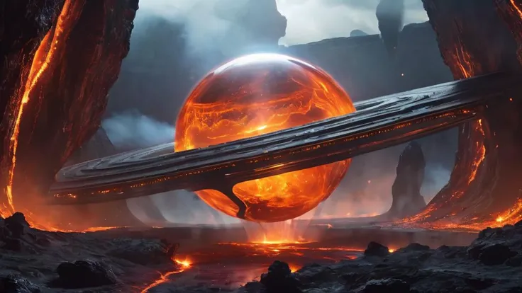 a small floating aquarium glass planet orbiting orbiting on saturn's outer-rim, low-key, cinematic, orbiting on saturn's outer-rim, low-key, cinematic photo, goose made of glowing flowing lava in a lava nest with big lava eggs, coming up out of hot lava, sparkles, lava rock eggs, goose with flaming halo, lava goose, egg wtih crack eggs of lava vains,feathers are made of lava,eggs in nest, a futuristic room with a lot of windows , indoors, no humans, grass, plant, scenery,, smoke and mist in the background