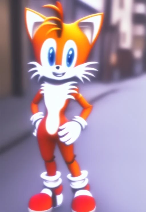 miles tails,standing,looking at viewer,anime style,street background