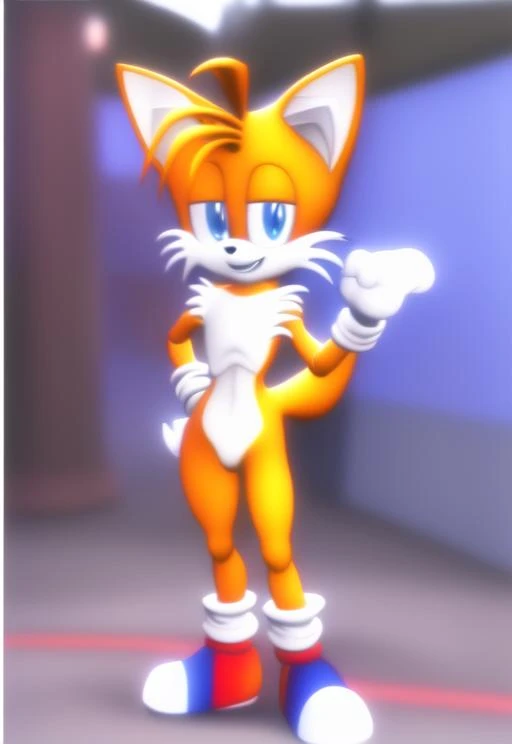 miles tails,standing,smile,anime style,street background