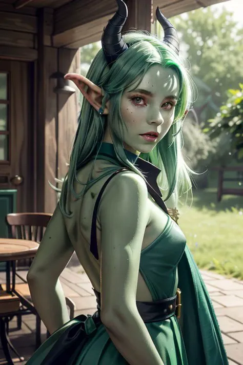 solo, young mature tiefling woman, (mint green) skin color, ((green skin)), beige horns, (dark blue) hair, dark blue hair, swept back hair, hair behind ears, upturned ears, long tiefling tail , padded jacket, petticoat