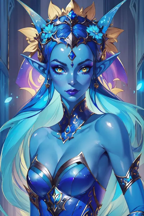 Tiefling, woman character that embodies a vibrant presence. They are a true masterpiece of otherworldly beauty. This tiefling is depicted as a 1girl with sapphire blue skin, which shimmers with an ethereal glow. Their mesmerizing sunflower yellow eyes draw others into their gaze, radiating a captivating aura. Completing their striking appearance, the tiefling has elegantly pointy ears and bares their shoulders confidently, showcasing their unique charm <lyco:V2Tiefling LyCO:1.0>