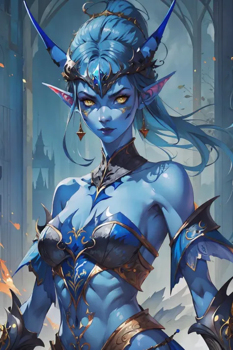 Tiefling, woman character that embodies a vibrant presence. They are a true masterpiece of otherworldly beauty. This tiefling is depicted as a 1girl with sapphire blue skin, which shimmers with an ethereal glow. Their mesmerizing sunflower yellow eyes draw others into their gaze, radiating a captivating aura. Completing their striking appearance, the tiefling has elegantly pointy ears and bares their shoulders confidently, showcasing their unique charm <lyco:V1Tiefling LyCO:1.0>