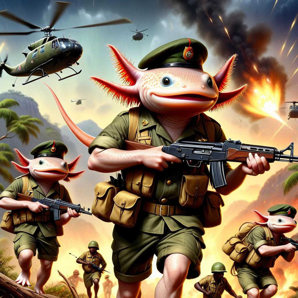 <lora:4xoltl-01:0.8> 4xolotl, (axolotls wearing african bush war uniforms:1.3), (1960's military equipment and weapons with wooden parts:1.4), wearing shorts and military cap, action pose, (firing rifles and muzzle flash:1.4), under heavy fire, helicopters in background, dramatic lighting, vibrant digital painting by midjourney