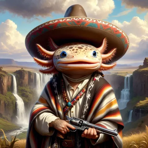(masterpiece:1.5)  <lora:Axomodel XL:0.7> 4xolotl, portrait of axtolotl wearing sombrero and poncho, holding ornate heirloom revolver, posing, proud facial expression,  stylized digital painting,  waterfall and plains  and clouds in background