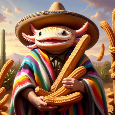 (masterpiece:1.5) <lora:4xoltl:0.6> 4xolotl, axtolotl wearing sombrero and poncho, both arms full with giant churros, bountiful churro harvest, happy and proud, portrait, digital painting