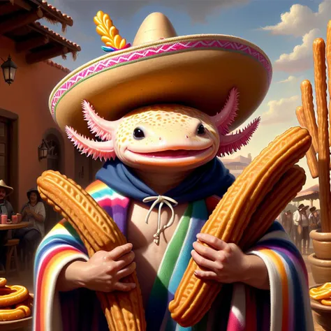 (masterpiece:1.5) <lora:4xoltl:0.6> 4xolotl, axtolotl wearing sombrero and poncho, both arms full with giant churros, bountiful churro harvest, happy and proud, portrait, digital painting