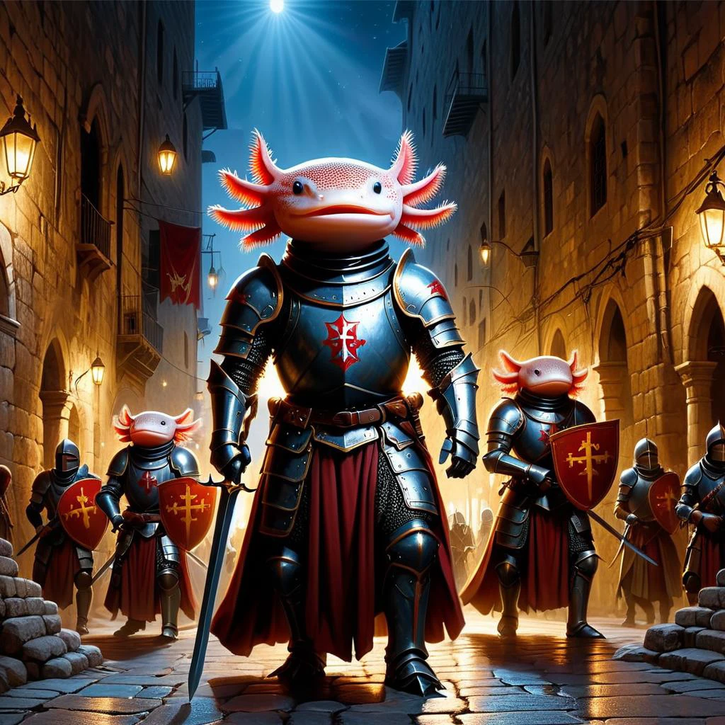 <lora:4xoltl-04:0.7> 4xolotl, axtolotls in knight's templar armor, marching in ancient jerusalem, holding banners, crusade, dramatic biblical lighting , at night, masterpiece , digital painting by midjourney,