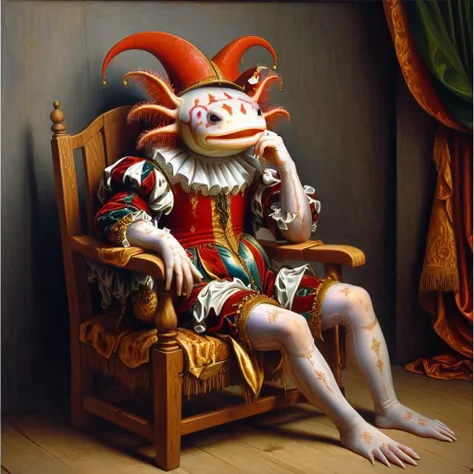 Zip2D, <lora:4xoltl:0.7> 4xolotl, axtolotl wearing court jester's outfit with pointy jesters hat, <lora:RPGJesterXL:0.6> slumped in wooden chair, contemplative, sad <lora:edgRenaissanceXL:0.5> painted in renaissance style