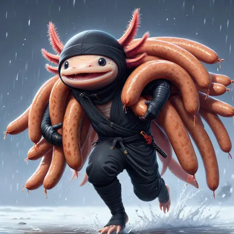 <lora:4xoltl:0.7> 4xolotl, axtolotl in ninja outfit, running away with giant mischievous grin, giant sausages over shoulders, Zip2D