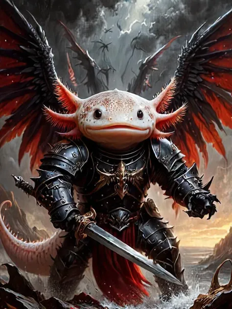 masterpiece, <lora:Axomodel XL:0.6> 4xolotl, axolotl dragon, dragon wings, dark fantasy, dark armor, oil painting, epic, RBW-XL