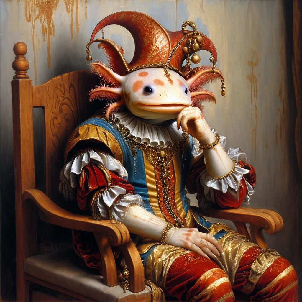Zip2D, <lora:4xoltl:0.7> 4xolotl, axtolotl wearing court jester's outfit, <lora:RPGJesterXL:0.6> pointy jester's cap with bells, slumped in wooden chair, hands crossed across lap, contemplative, sad <lora:edgRenaissanceXL:0.5> painted in renaissance style