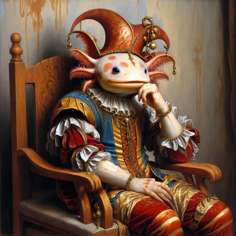 Zip2D,  <lora:4xoltl:0.7> 4xolotl, axtolotl  wearing court jester's outfit,  <lora:RPGJesterXL:0.6> pointy jester's cap with bells,   slumped in wooden chair,  hands crossed across lap, contemplative, sad  <lora:edgRenaissanceXL:0.5> painted in renaissance style