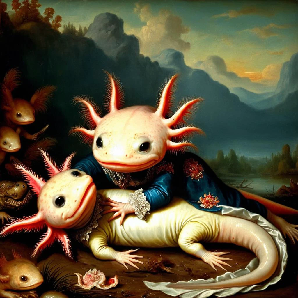 <lora:4xoltl:0.3> 4xolotl, axtolotl in renaissance clothing, laying on back, tragic painting, 1600's russian, tragedy <lora:edgRenaissanceXL:0.4> painted in renaissance style