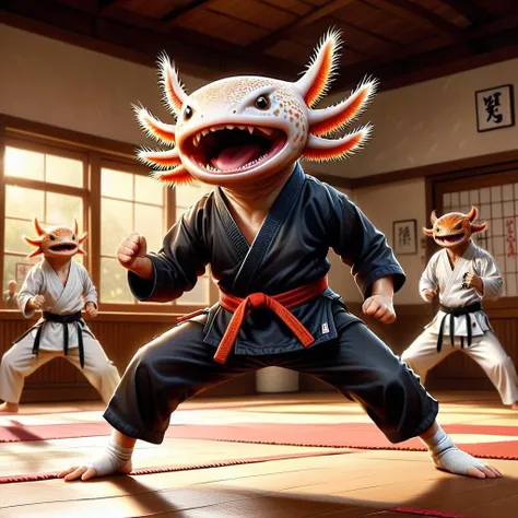 <lora:4xoltl:0.7> 4xolotl, axoltol wearing karate uniform, performing martial arts, in a dojo, screaming, action shot,, Zip2D, dramatic lighting, digital painting