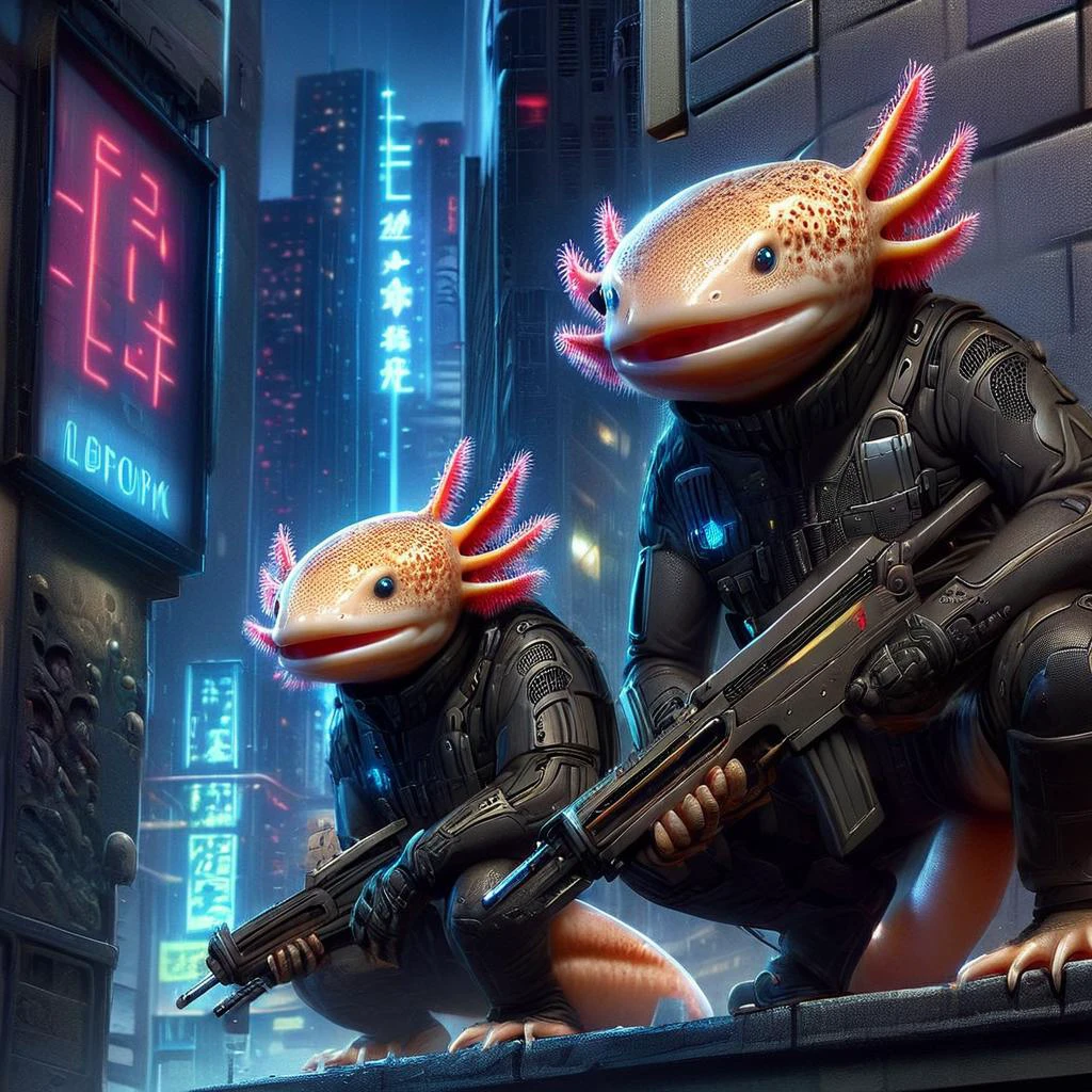 <lora:4xoltl:0.7> 4xolotl, <lora:Axomodel XL:0.7> 4xolotl, axtolotls wearing wearing cyberpunk suits, armed with laser rifles, waiting atop a building, futuristic city at night, neon lights, atmospheric dark dramatic lighting, video game cover art, Zip2D