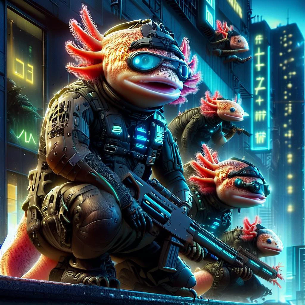 <lora:4xoltl:0.7> 4xolotl, <lora:Axomodel XL:0.7> 4xolotl, axtolotls futuristic swat team gear, armed with laser rifles, wearing cyberpunk goggles, waiting atop a building, futuristic city at night, neon lights, atmospheric dark dramatic lighting, video game cover art, Zip2D