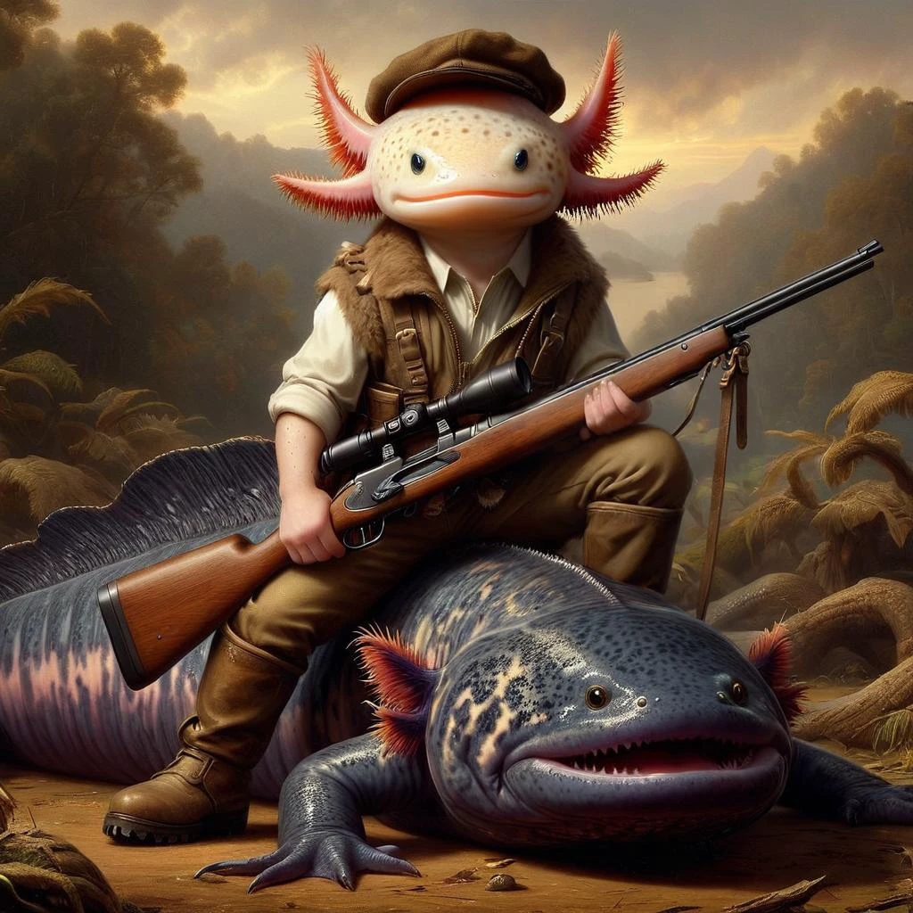 <lora:4xoltl:0.7> 4xolotl, axtolotl in hunting outfit, holding hunting rifle, posing over giant salamander, Zip2D