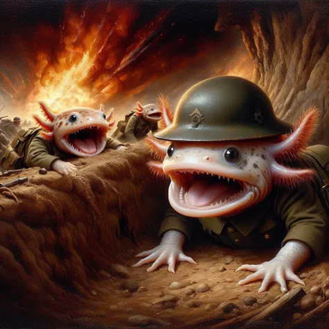 <lora:4xoltl:0.7> 4xolotl, axtolotl ww1 scared, shellshock, trench, scared, terrified, Zip2D
