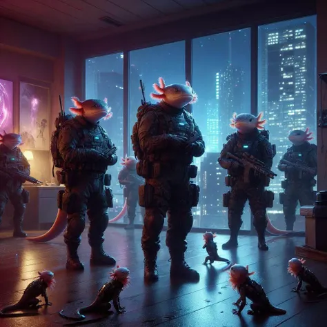 <lora:4xoltl:0.5> 4xolotl, axtolotl futuristic soldiers, in cyberpunk cuity at night, standing at attention, Zip2D