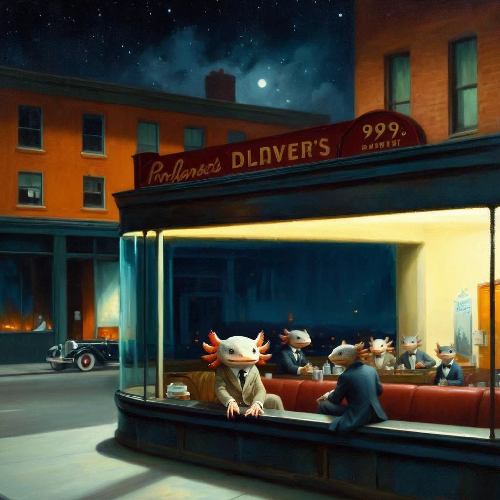 painted in the style if 1920's oil painting, <lora:4xoltl:0.6> 4xolotl, view of diner from outsdie, axoltols wearing suits sitting in a diner at night 1920s, Zip2D