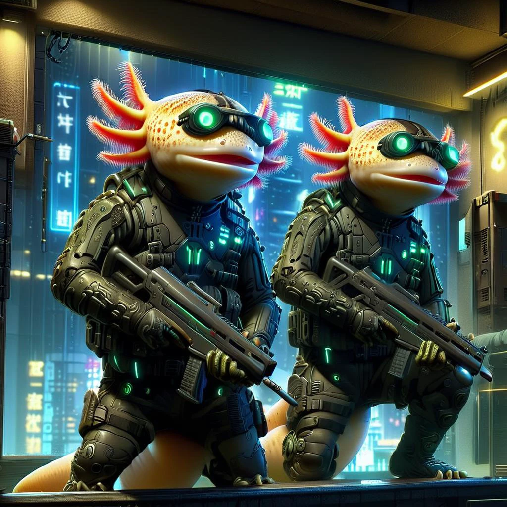 <lora:4xoltl:0.7> 4xolotl, <lora:Axomodel XL:0.6> 4xolotl, axtolotls futuristic swat team gear, armed with laser rifles, wearing cyberpunk goggles, in formation, indoor aparment, futuristic city at night, neon lights, atmospheric dark dramatic lighting, video game cover art, Zip2D