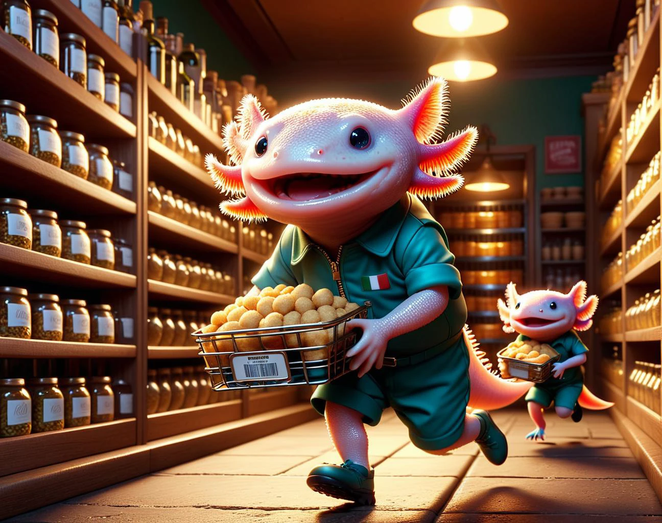 pixar style render, caricature, <lora:4xoltl:0.5> 4xolotl, a large gang of tiny axolotls stealing food from a pantry shelf, running, having fun, being rowdy in a giant Italian restaurant, Zip2D, looking at viewer, flat colors, 4k, professional, award-winning, highly detailed, volumetric, dramatic lighting