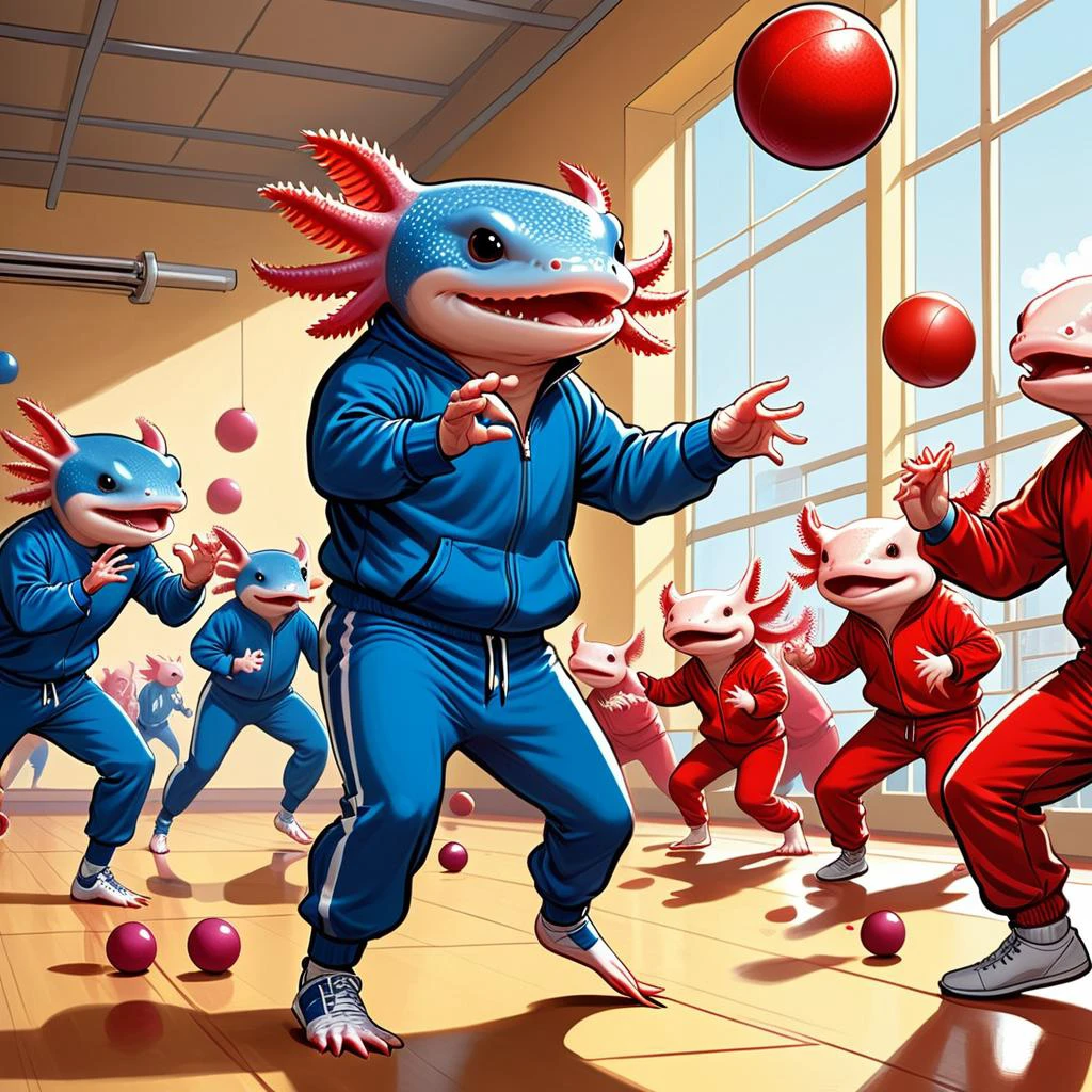 comic (from side:1.5) wide angle shot, <lora:4xoltl:0.3> 4xolotl, many axoltols playing dodgeball, axolotls wearing blue jogging suit, throwing dodgeballs, on left, facing right BREAK
many axolotls wearing red jogging suit, throwing dodgeballs, on right, facing left, Zip2D, graphic illustration, comic art, graphic novel art, vibrant, highly detailed