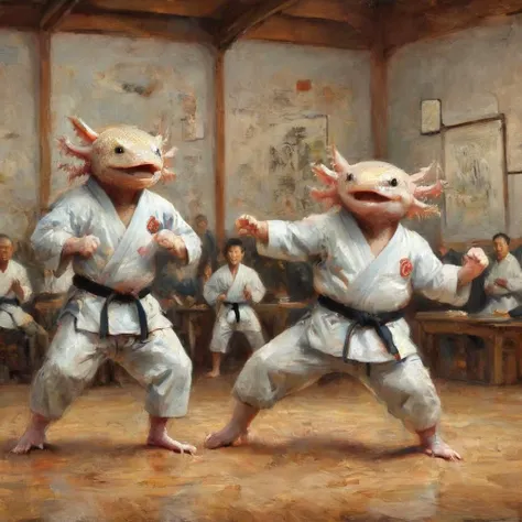 <lora:ClassipeintXL2.1:1>, oil painting, <lora:4xoltl:0.6> 4xolotl, axtolotl in karate uniform, in a dojo, doing karate moves and screaming, EyeDetail-SDXL, fFaceDetail-SDXL, fHandDetail-SDXL, HairDetail-SDXL