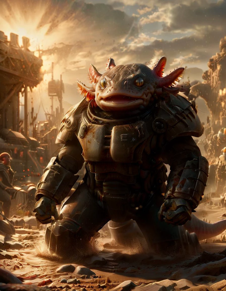 Create a cinematic masterpiece capturing an enormous enraged axolotl in T-60 power armour by the pond on desolated wasteland, Use HDR and raytracing to enhance the hyper-detailed, ultra-realistic visuals
