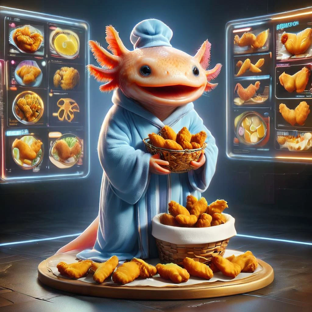 <lora:DisplayStandXL_1.0:1> A display stand for<lora:4xoltl:0.6> 4xolotl, (axolotl wearing snuggie:1.3) with basket of fried chicken, with details fried chicken,, EyeDetail-SDXL, fFaceDetail-SDXL, fHandDetail-SDXL, HairDetail-SDXL