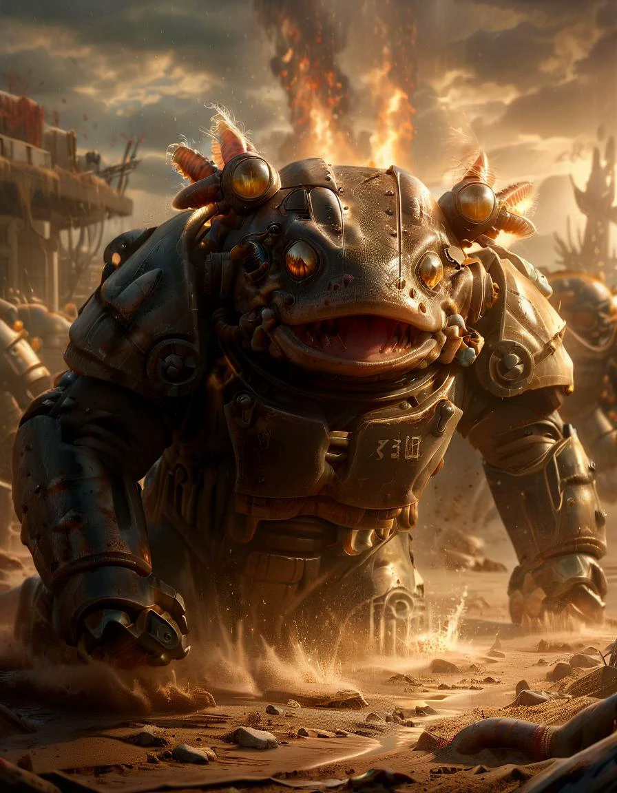 Create a cinematic masterpiece capturing an enormous enraged axolotl in T-60 power armour by the pond on desolated wasteland, Use HDR and raytracing to enhance the hyper-detailed, ultra-realistic visuals