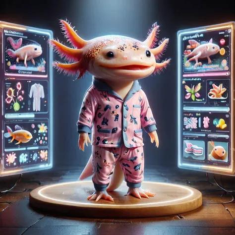 <lora:DisplayStandXL_1.0:0.9>  A display stand for<lora:4xoltl:0.7>  4xolotl,  axolotl wearing pajamas,  with details of axolotl wearing pajamas, EyeDetail-SDXL, fFaceDetail-SDXL, fHandDetail-SDXL, HairDetail-SDXL