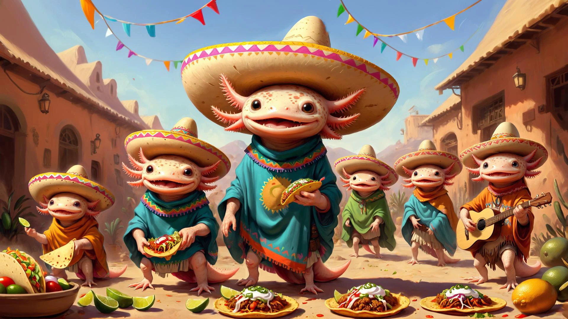<lora:4xoltl:0.5> digital painting by midjourney, taco party, axolotls wearing sombreros and ponchos, celebration, EyeDetail-SDXL, fFaceDetail-SDXL, fHandDetail-SDXL, HairDetail-SDXL