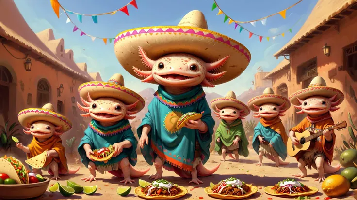 <lora:4xoltl:0.5>  digital painting by midjourney,  taco party, axolotls wearing sombreros and ponchos, celebration, EyeDetail-SDXL, fFaceDetail-SDXL, fHandDetail-SDXL, HairDetail-SDXL