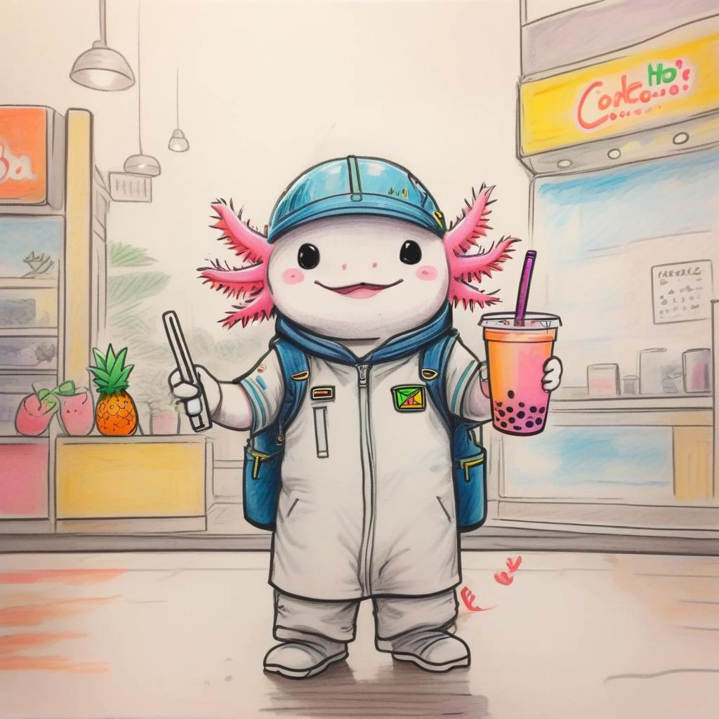 (poorly drawn simple crayon drawing drawn by a child:1.5) 2d, <lora:axomodel2:1> Axolotl wearing an explorer's outfit in a boba tea shop drinking a fruity tea with curiosity ,