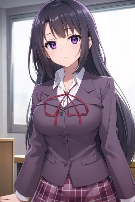 chizuruakaba, <lora:chizuru akaba s2-lora-nochekaiser:1>,
chizuru akaba, long hair, black hair, (purple eyes:1.1),
BREAK skirt, school uniform, plaid, plaid skirt, shirt, white shirt, collared shirt, jacket, long sleeves, black jacket,
BREAK indoors, classroom,
BREAK looking at viewer, (cowboy shot:1.5),
BREAK <lyco:GoodHands-beta2:1>, (masterpiece:1.2), best quality, high resolution, unity 8k wallpaper, (illustration:0.8), (beautiful detailed eyes:1.6), extremely detailed face, perfect lighting, extremely detailed CG, (perfect hands, perfect anatomy),