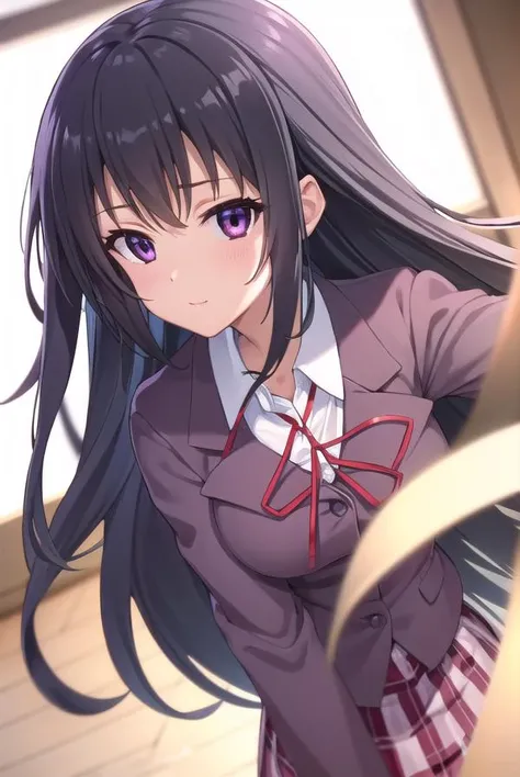 chizuruakaba, <lora:chizuru akaba s2-lora-nochekaiser:1>,
chizuru akaba, long hair, black hair, (purple eyes:1.1),
BREAK skirt, school uniform, plaid, plaid skirt, shirt, white shirt, collared shirt, jacket, long sleeves, black jacket,
BREAK indoors, classroom,
BREAK looking at viewer, (cowboy shot:1.5),
BREAK <lyco:GoodHands-beta2:1>, (masterpiece:1.2), best quality, high resolution, unity 8k wallpaper, (illustration:0.8), (beautiful detailed eyes:1.6), extremely detailed face, perfect lighting, extremely detailed CG, (perfect hands, perfect anatomy),